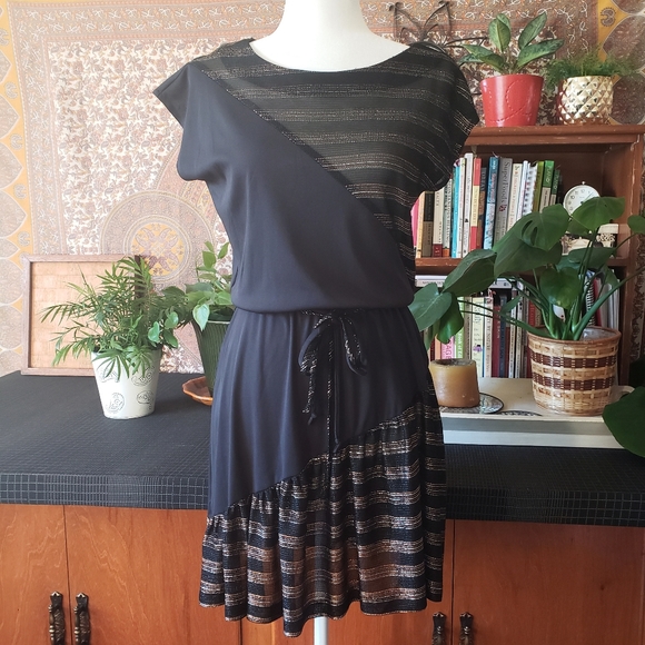 S vintage 70's/80's sparkly black disco dress w/tie - Picture 1 of 7